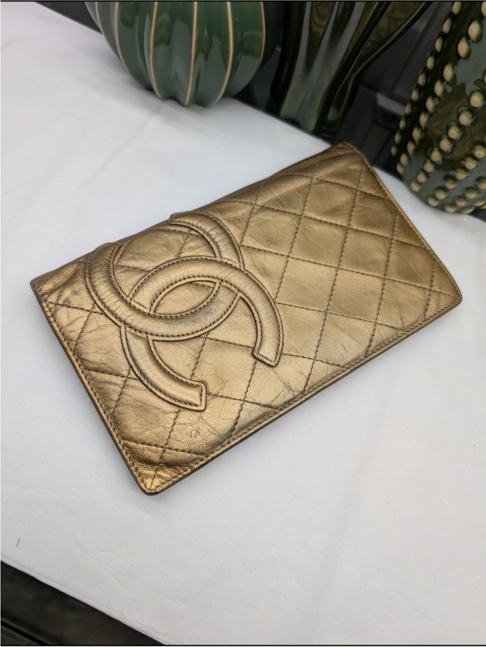 CHANEL Cambon Quilted Metallic Gold long bifold Wallet with the Chanel COA card